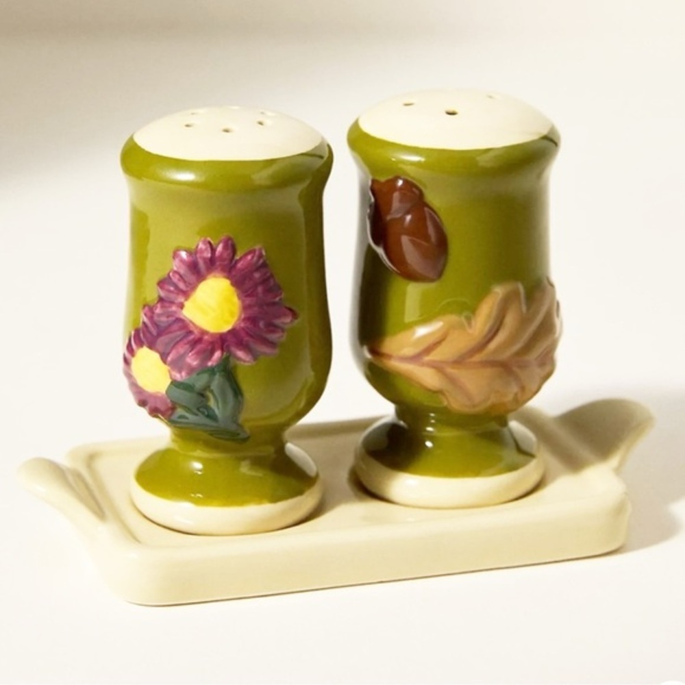 Anthropologie Icon Moss Green Floral Stoneware Salt & Pepper Shaker Set
